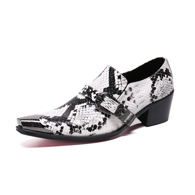 Men's Metal Toe and Buckle Shoes with Snakeskin Appearance