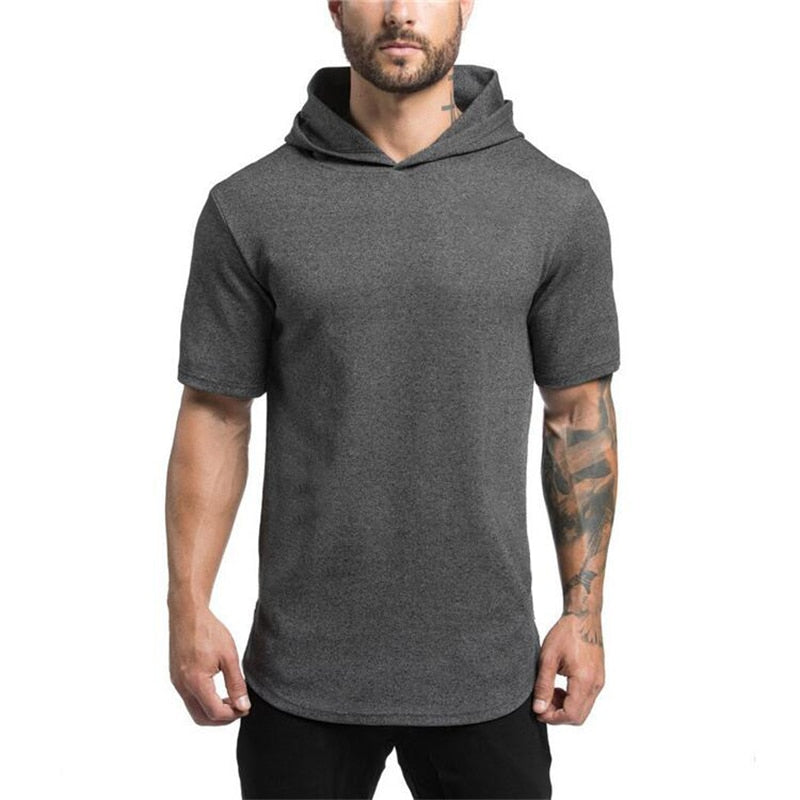 Men's Short-Sleeved Gym-Fashion Hooded T-Shirt for Active Workout