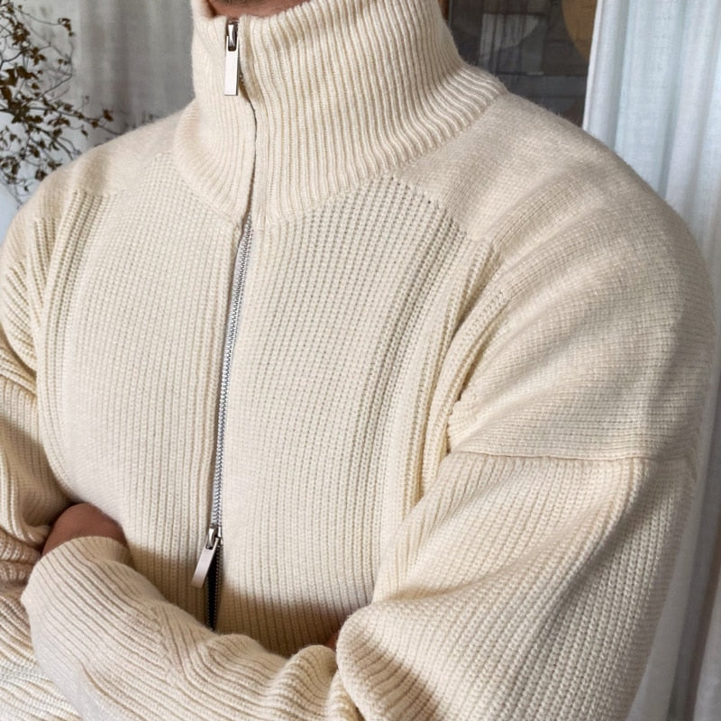 Soft Polyester 2-Way Zipper Turtleneck Knitted Cardigan Jacket