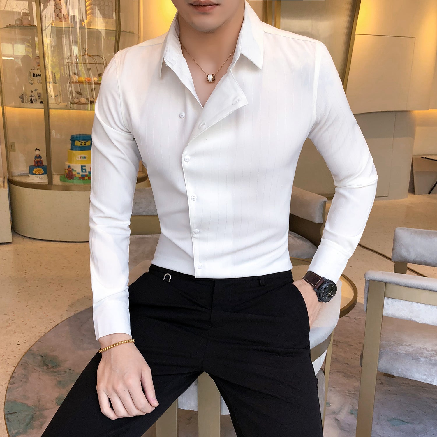 Slim-Fit Solid Casual Men's Tuxedo Shirt with Deep Side Buttons