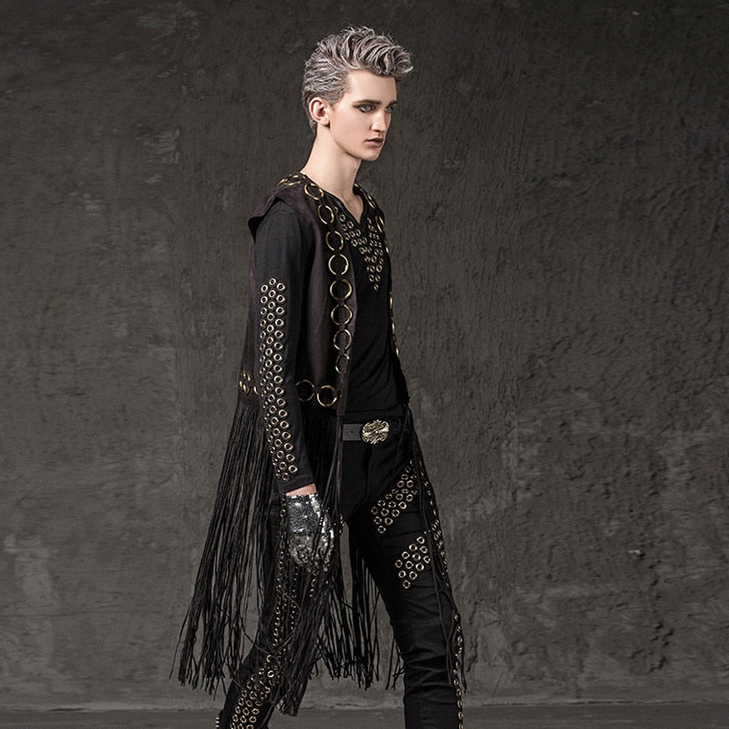Men's Long Tassel Punk-Style Vest with Metal Rivets