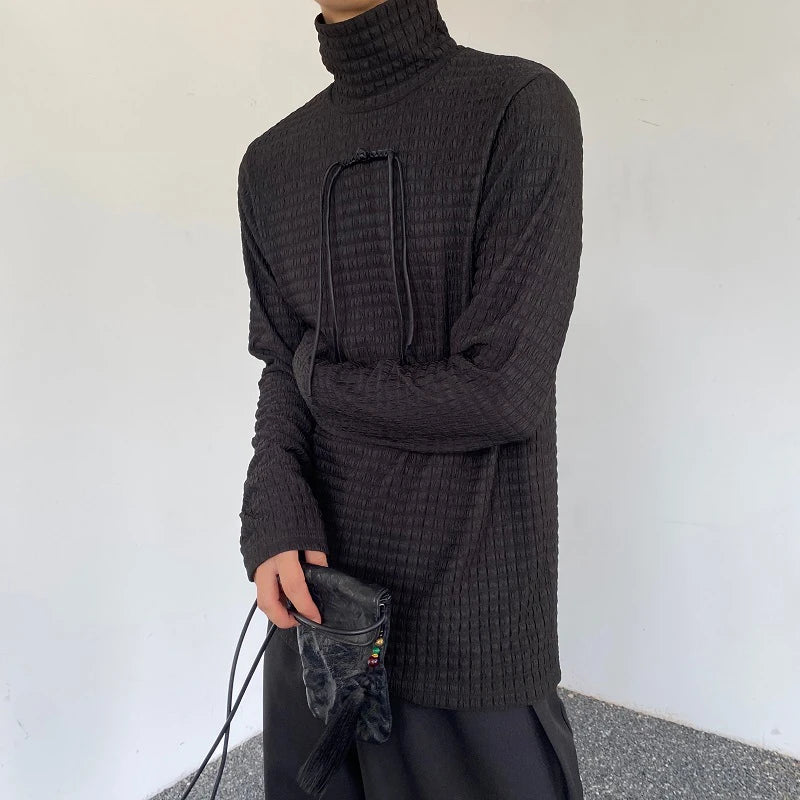 Casual Solid Plaid Textured Long - Sleeve Turtleneck Sweater for All Seasons