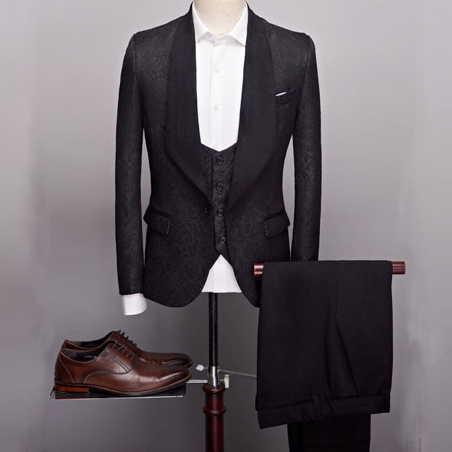 Complete Set of Men's England Style Dress Suit with Big Shawl Lapel Jacquard - Blazer, Vest, and Pant