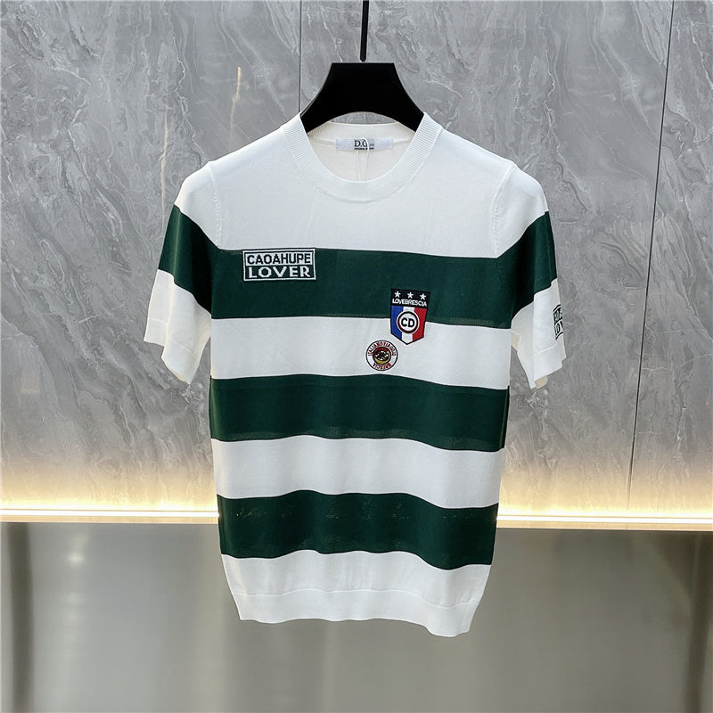 Men's Short Sleeve T-Shirt with Bold Stripes and Eye-catching Patch