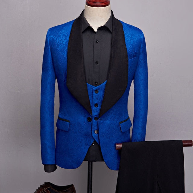 Big Shawl Lapel Jacquard Men Dress Suit Complete Set Blazer, Vest, and Pant