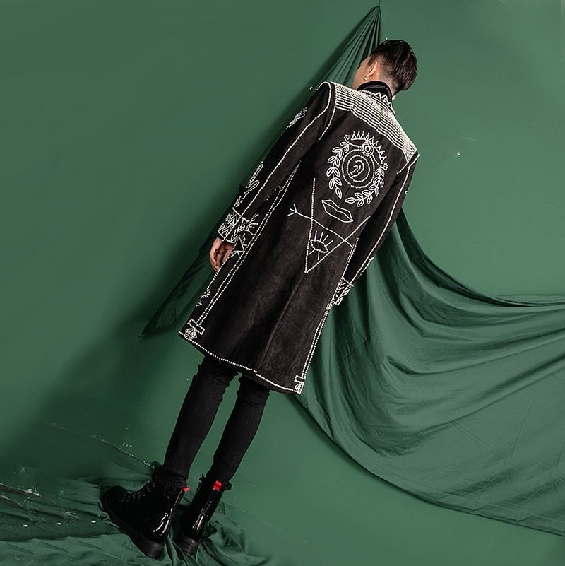 Black Baroque Style Sequined Beads Long Men's Blazer - A Fashionable Outerwear