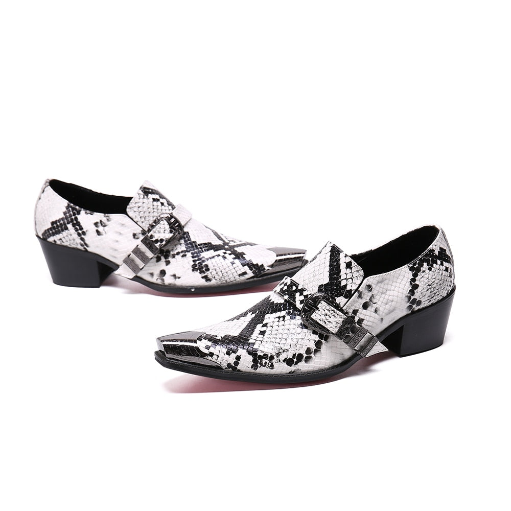 Men's Metal Toe and Buckle Shoes with Snakeskin Appearance