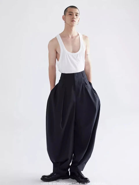 Stylish Loose-Fitting Casual Black Lantern-Style Wide Leg Baggy Trousers
