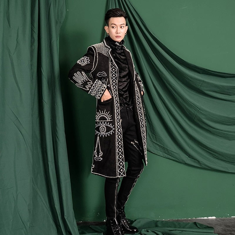 Black Baroque Style Sequined Beads Long Men's Blazer - A Fashionable Outerwear
