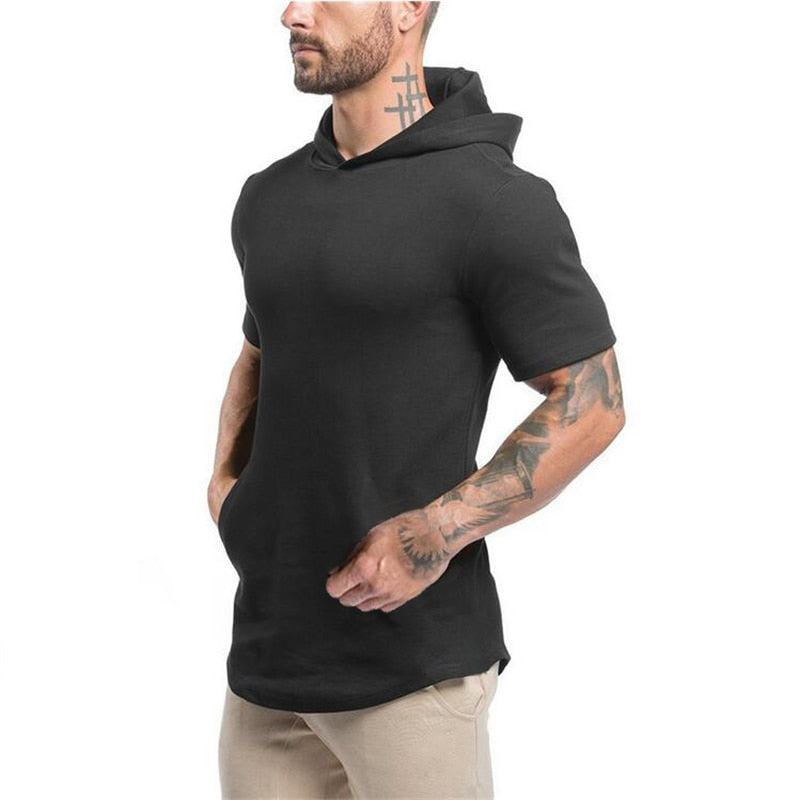 Men's Short-Sleeved Gym-Fashion Hooded T-Shirt for Active Workout