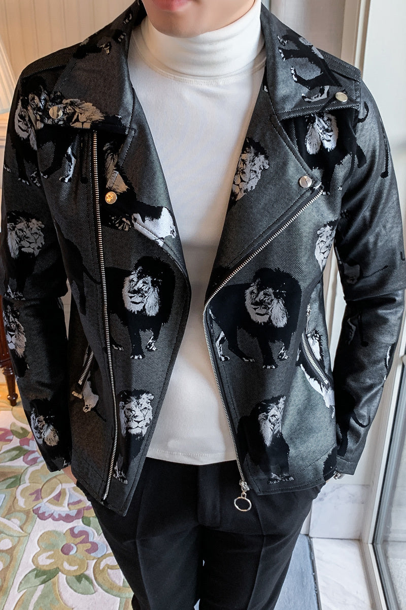 Men's Moto & Biker Style Faux Leather Jacket with Lion Pattern Print and Zipper Lapel