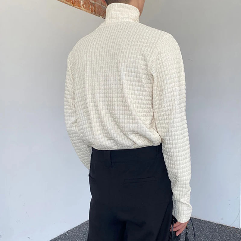 Casual Solid Plaid Textured Long - Sleeve Turtleneck Sweater for All Seasons