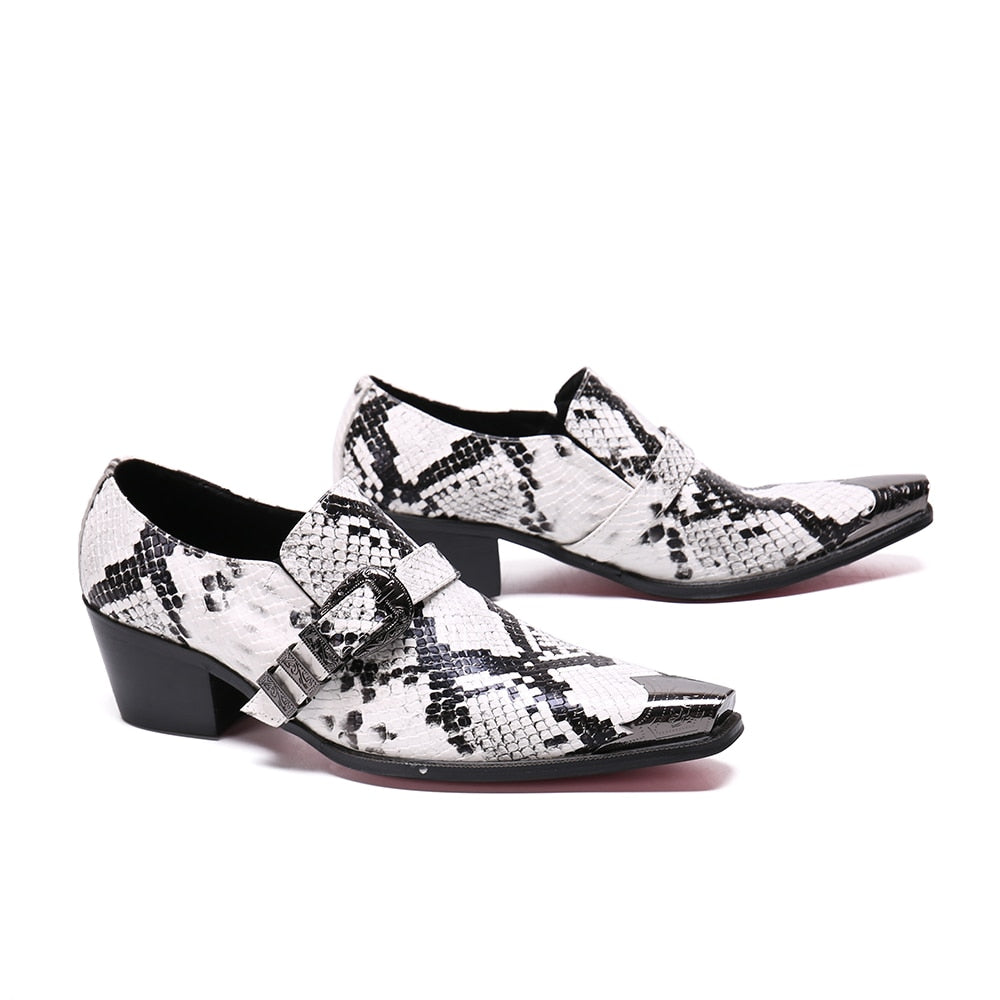 Men's Metal Toe and Buckle Shoes with Snakeskin Appearance
