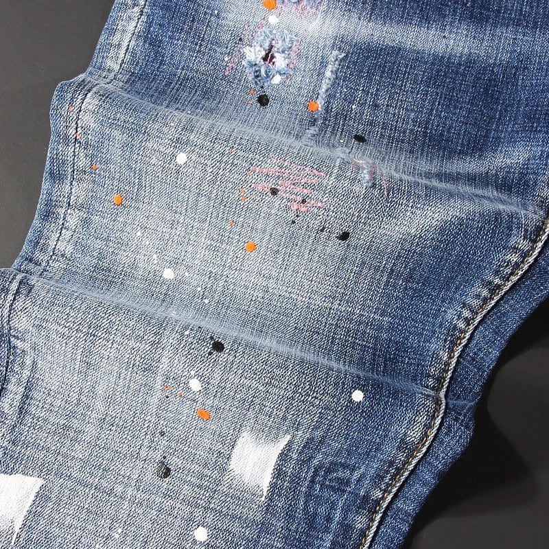 Stylish Azure Blue Men's Streetwear Slim-Fit Jeans