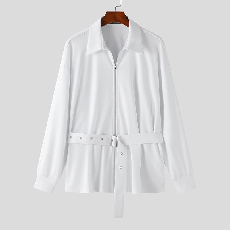 Stylish Solid Color Lapel Zipper and Belted Casual Jacket for Everyday Wear