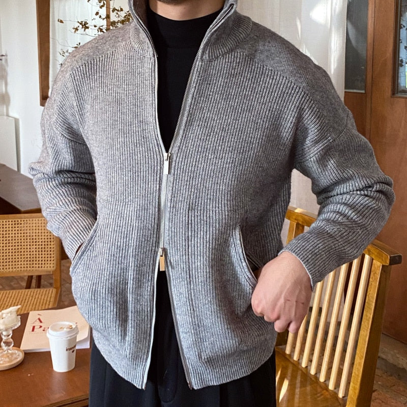 Soft Polyester 2-Way Zipper Turtleneck Knitted Cardigan Jacket
