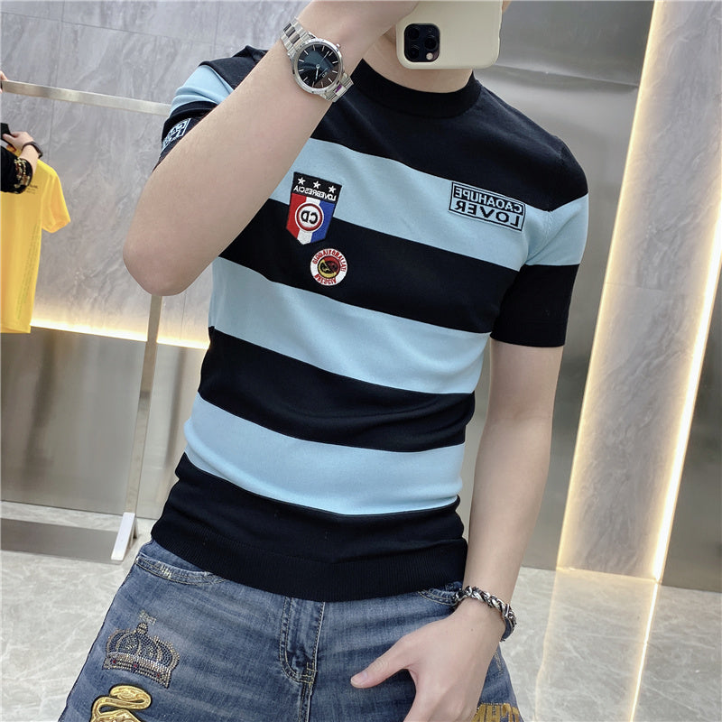 Men's Short Sleeve T-Shirt with Bold Stripes and Eye-catching Patch