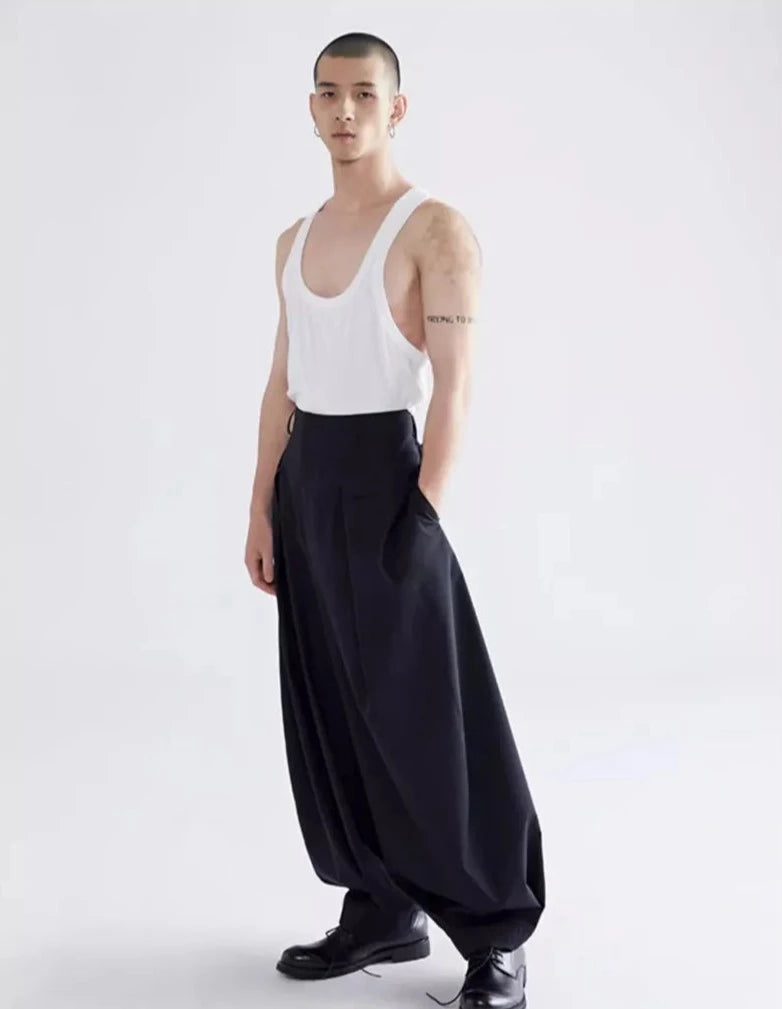 Stylish Loose-Fitting Casual Black Lantern-Style Wide Leg Baggy Trousers