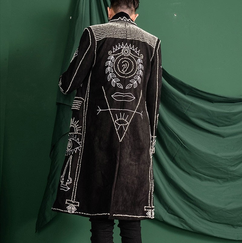 Black Baroque Style Sequined Beads Long Men's Blazer - A Fashionable Outerwear