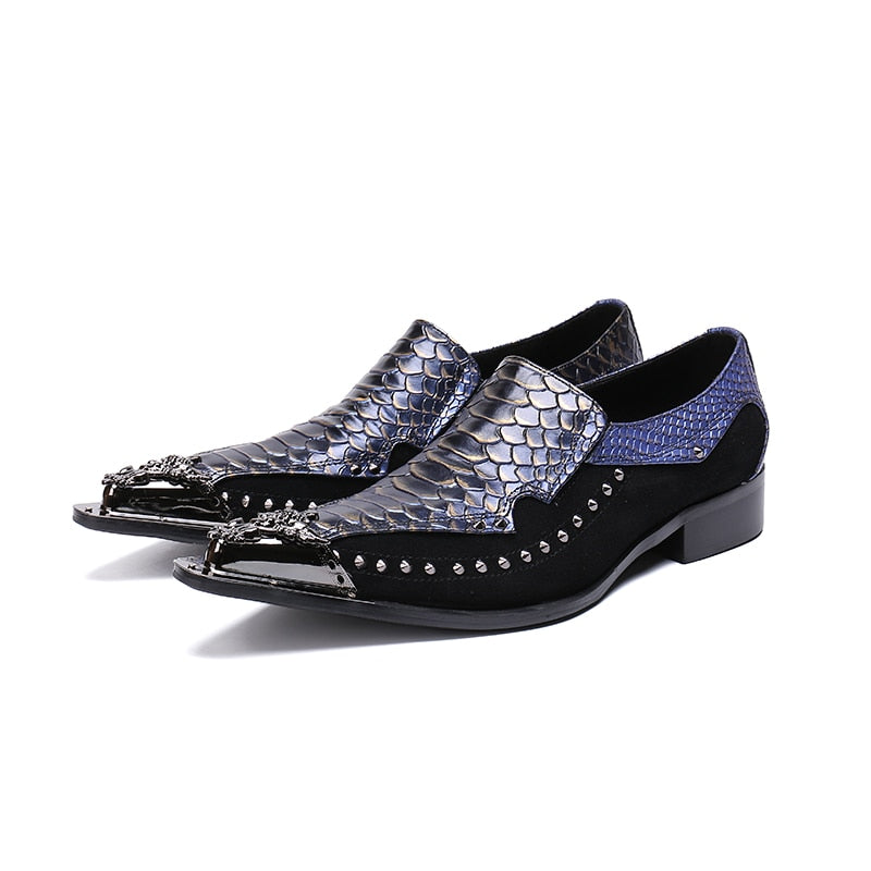 Men's Metallic Cowhide Snakeskin Leather Shoes with Side Rivets