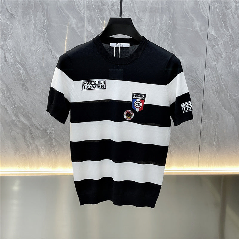 Men's Short Sleeve T-Shirt with Bold Stripes and Eye-catching Patch