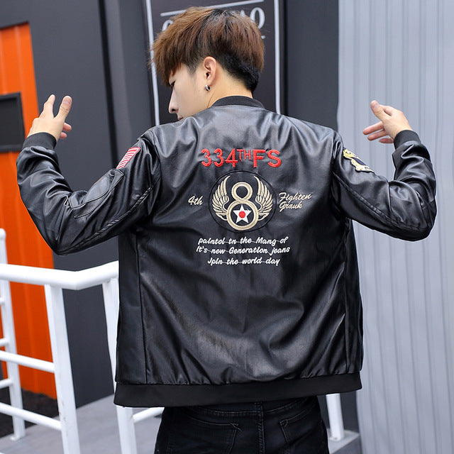 Men's Black Faux Leather Jacket with Multiple Patch Embroidery