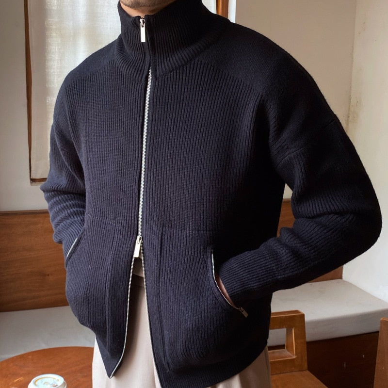 Soft Polyester 2-Way Zipper Turtleneck Knitted Cardigan Jacket