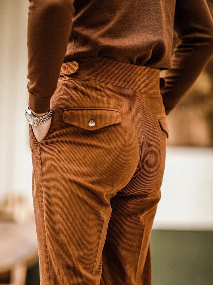 Classic Solid Vintage Belted Corduroy Trousers for Fashionable Wear