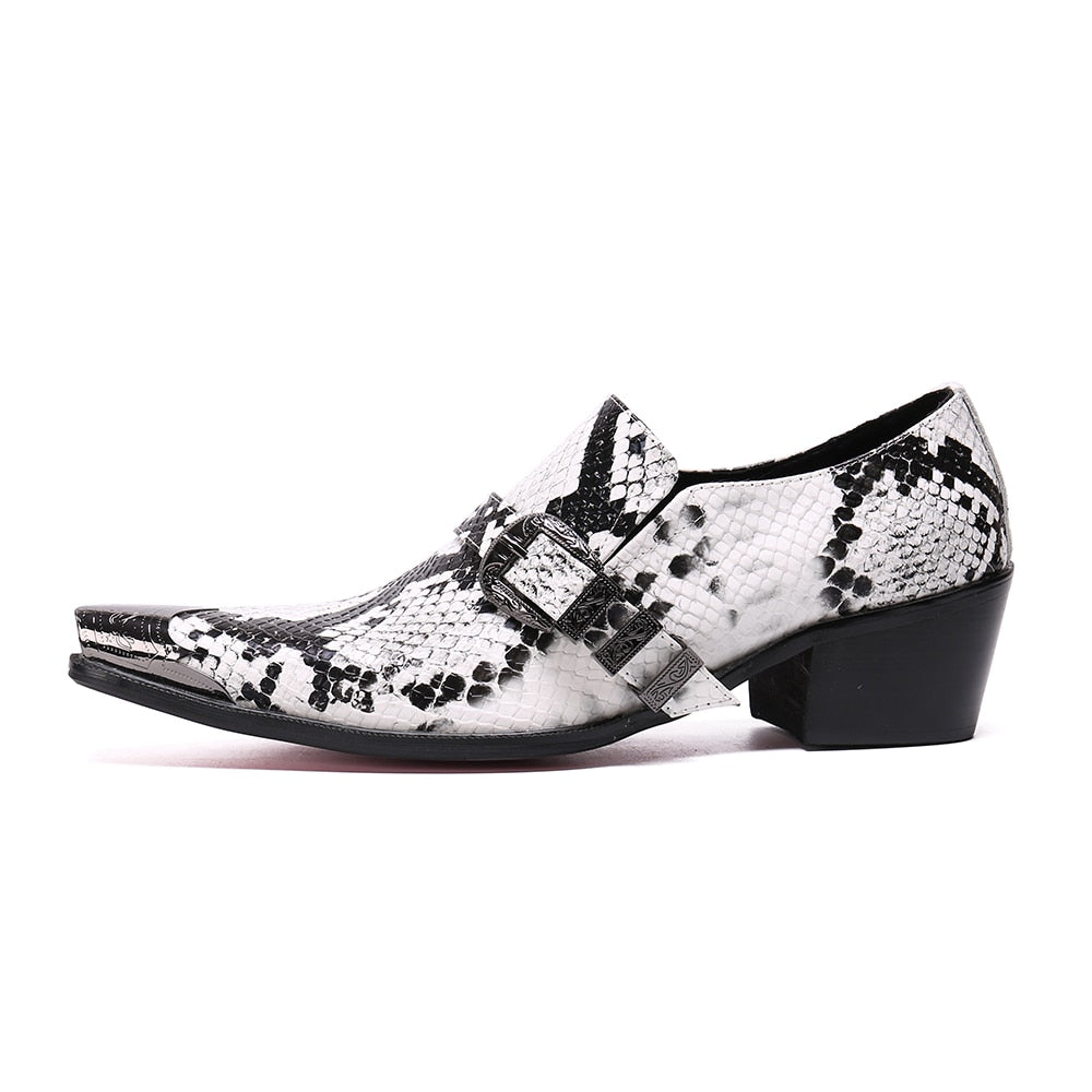 Men's Metal Toe and Buckle Shoes with Snakeskin Appearance