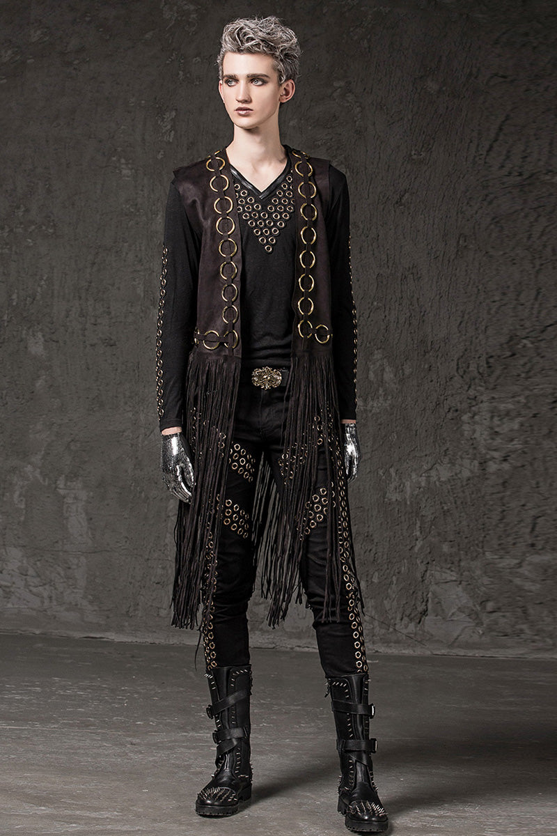 Men's Long Tassel Punk-Style Vest with Metal Rivets