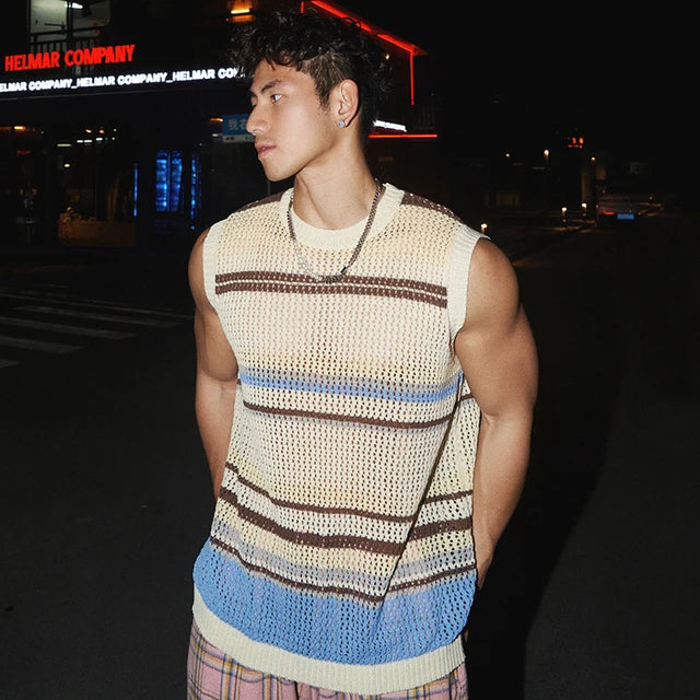 Stylish Loose-Fit Striped Cotton-Polyester Knitted Tank Top for Daily Wear