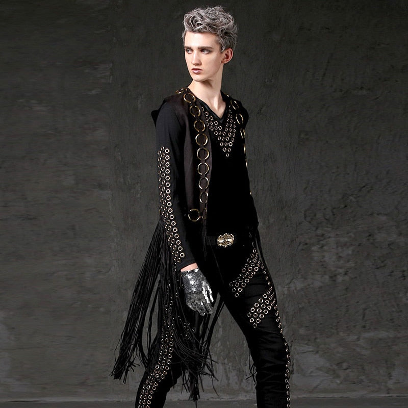 Men's Long Tassel Punk-Style Vest with Metal Rivets