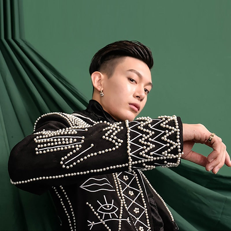 Black Baroque Style Sequined Beads Long Men's Blazer - A Fashionable Outerwear
