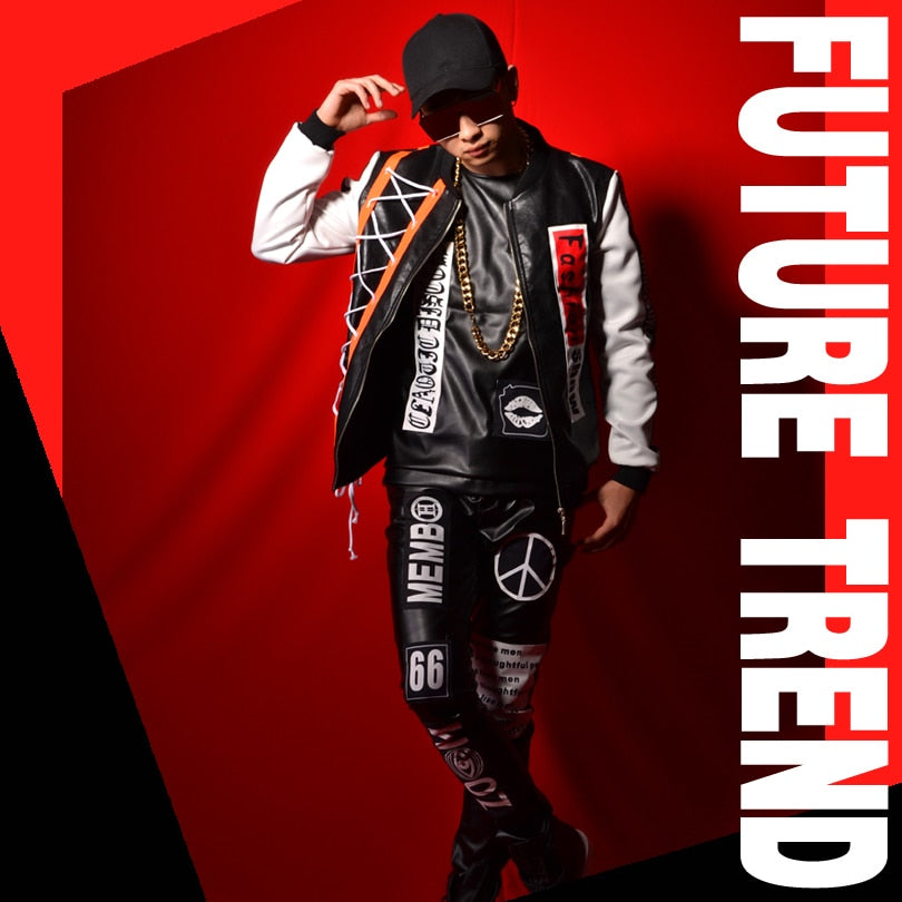 Black and White Spliced Contrast Stripe Hip - Hop Style Men's Jacket and Pants Clothing Set