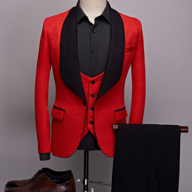 Complete Set of Men's England Style Dress Suit with Big Shawl Lapel Jacquard - Blazer, Vest, and Pant