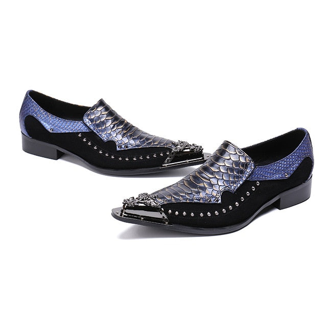 Men's Metallic Cowhide Snakeskin Leather Shoes with Side Rivets