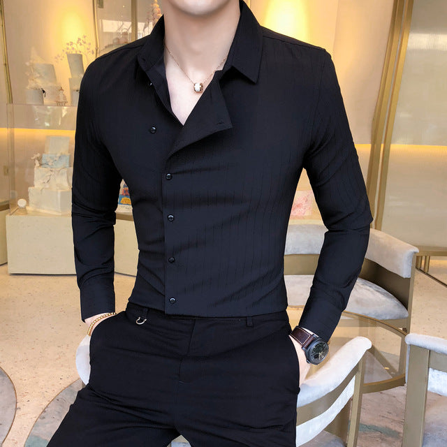 Slim-Fit Solid Casual Men's Tuxedo Shirt with Deep Side Buttons