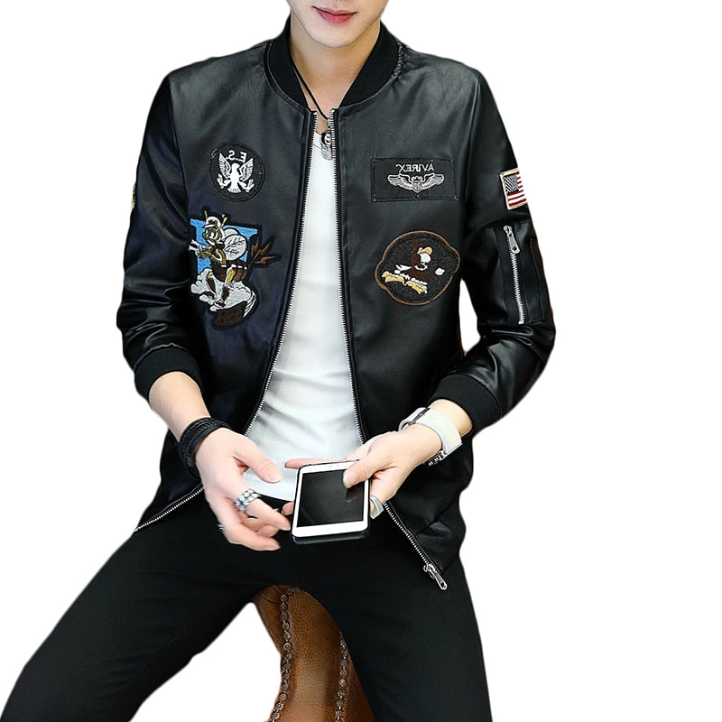 Men's Black Faux Leather Jacket with Multiple Patch Embroidery