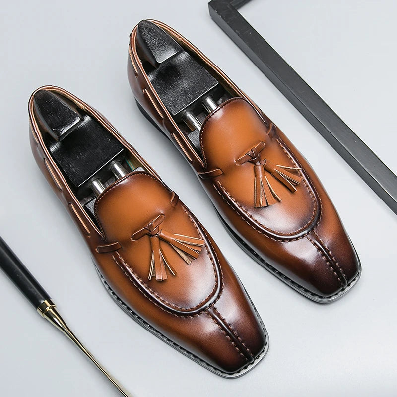 Square-Toe Tassels Solid Leather Loafers