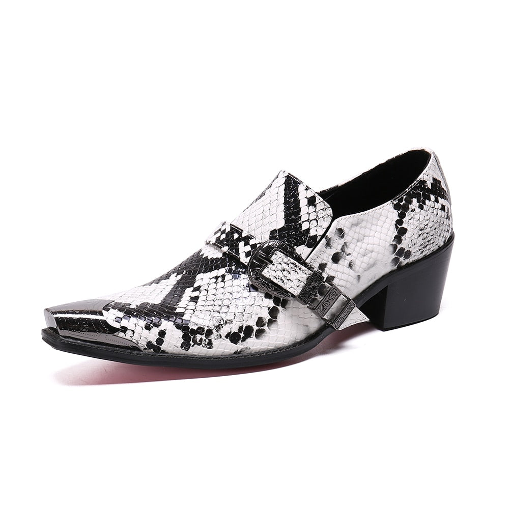 Men's Metal Toe and Buckle Shoes with Snakeskin Appearance