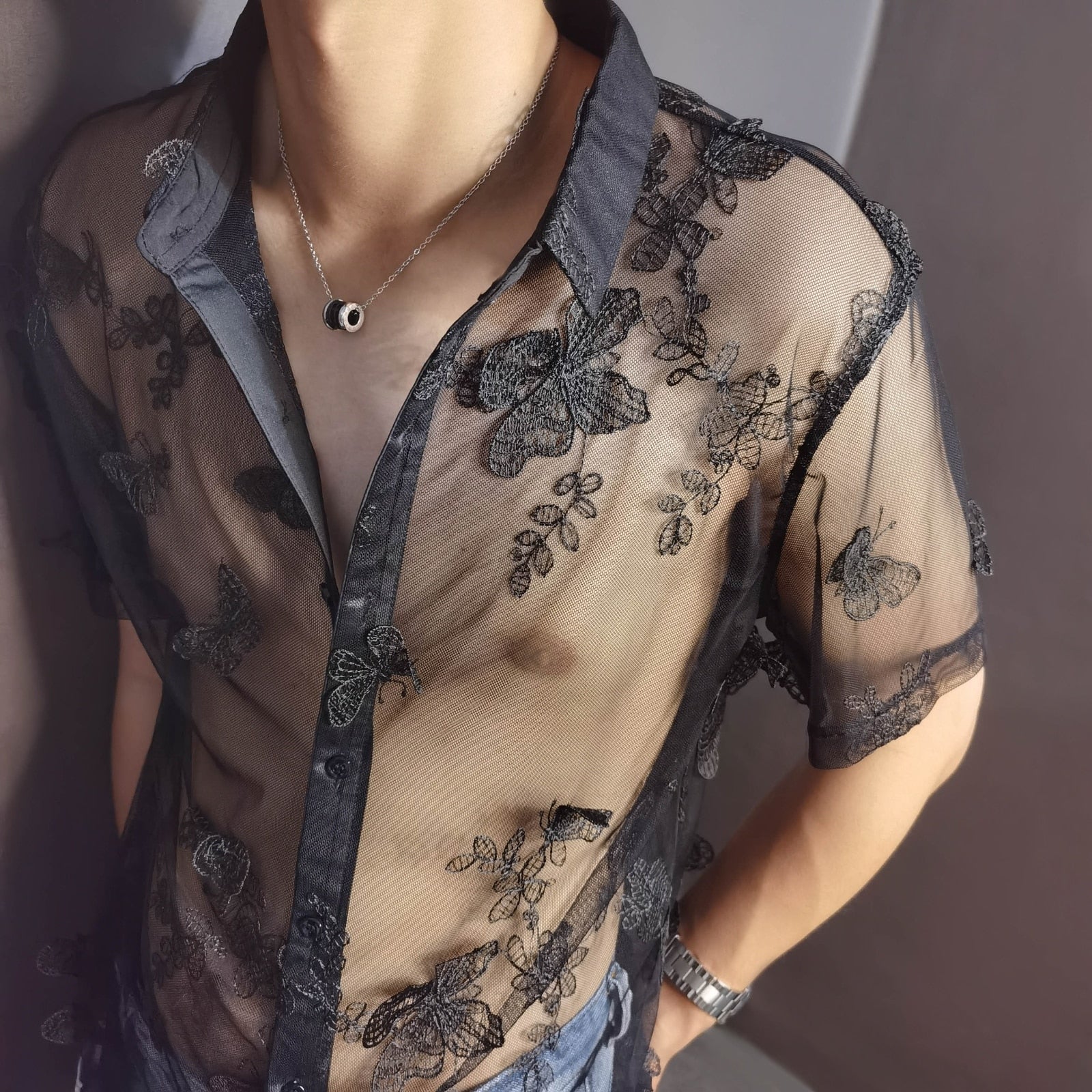 Stylish Men's Black Solid Butterfly Lace Short Sleeve Casual Shirt