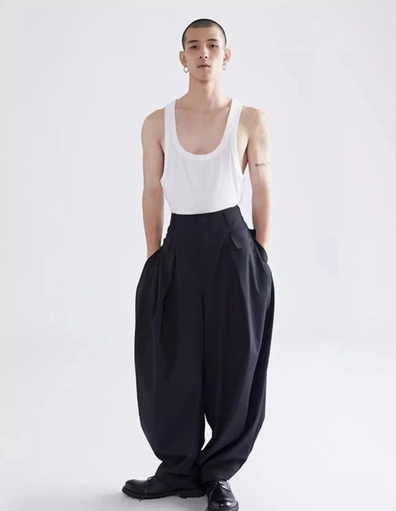 Stylish Loose-Fitting Casual Black Lantern-Style Wide Leg Baggy Trousers