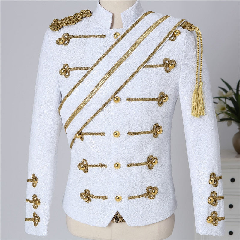 Stylish Black and White Sequined Decorated Men's Cotton Polyester Military-Style Blazer for Casual Occasions