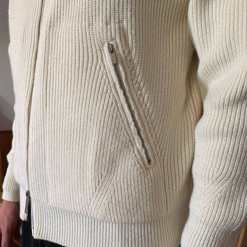 Soft Polyester 2-Way Zipper Turtleneck Knitted Cardigan Jacket