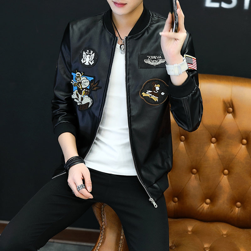 Men's Black Faux Leather Jacket with Multiple Patch Embroidery