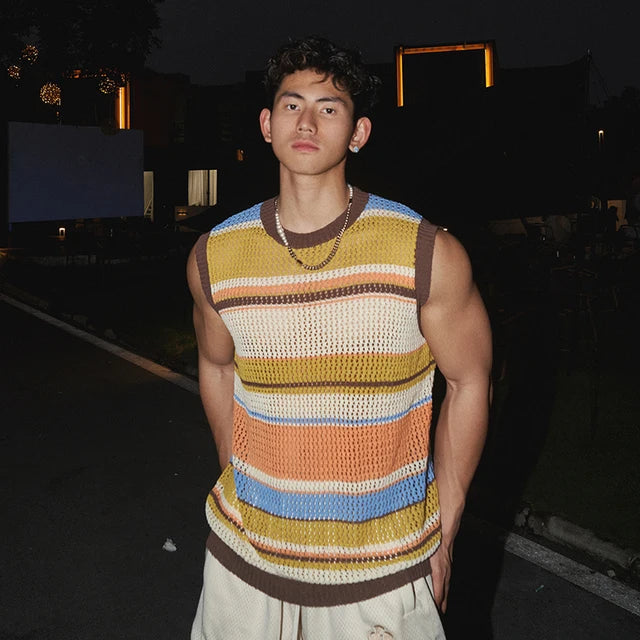 Stylish Loose-Fit Striped Cotton-Polyester Knitted Tank Top for Daily Wear