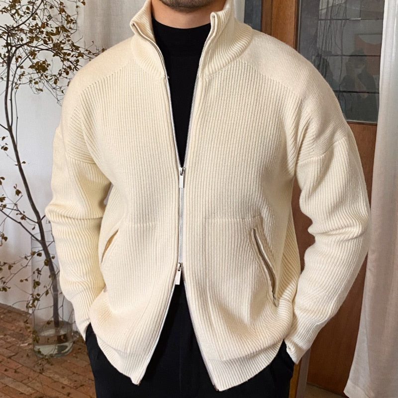 Soft Polyester 2-Way Zipper Turtleneck Knitted Cardigan Jacket