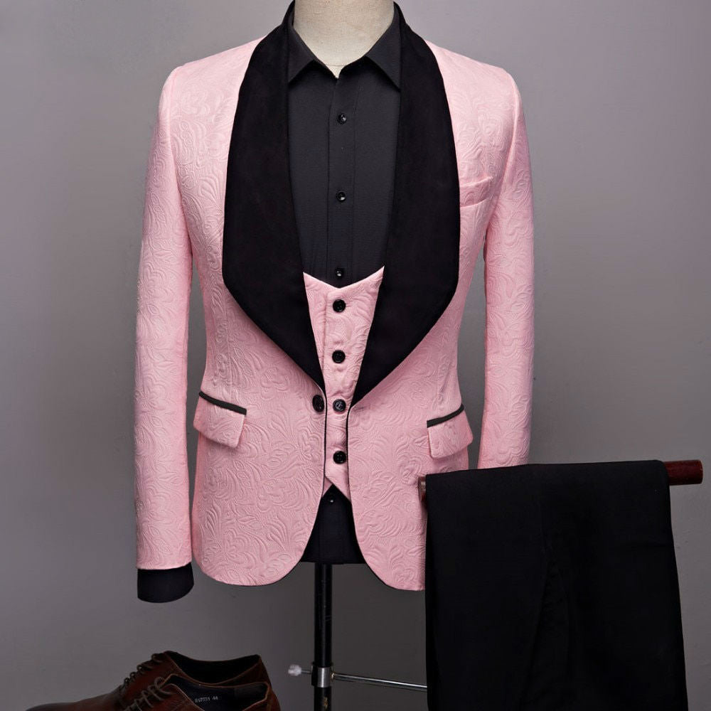 Complete Set of Men's England Style Dress Suit with Big Shawl Lapel Jacquard - Blazer, Vest, and Pant