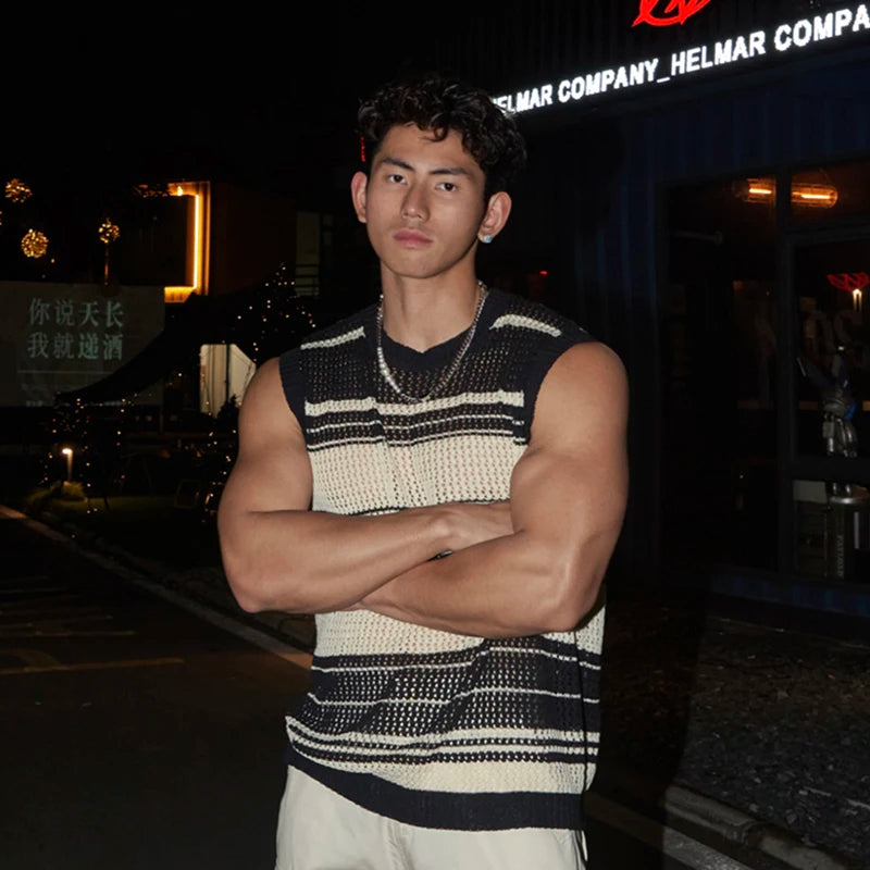 Stylish Loose-Fit Striped Cotton-Polyester Knitted Tank Top for Daily Wear