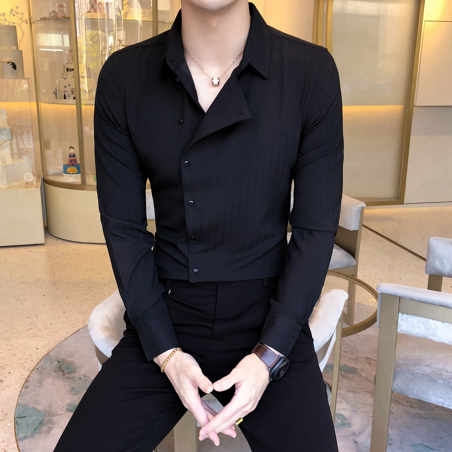 Slim-Fit Solid Casual Men's Tuxedo Shirt with Deep Side Buttons